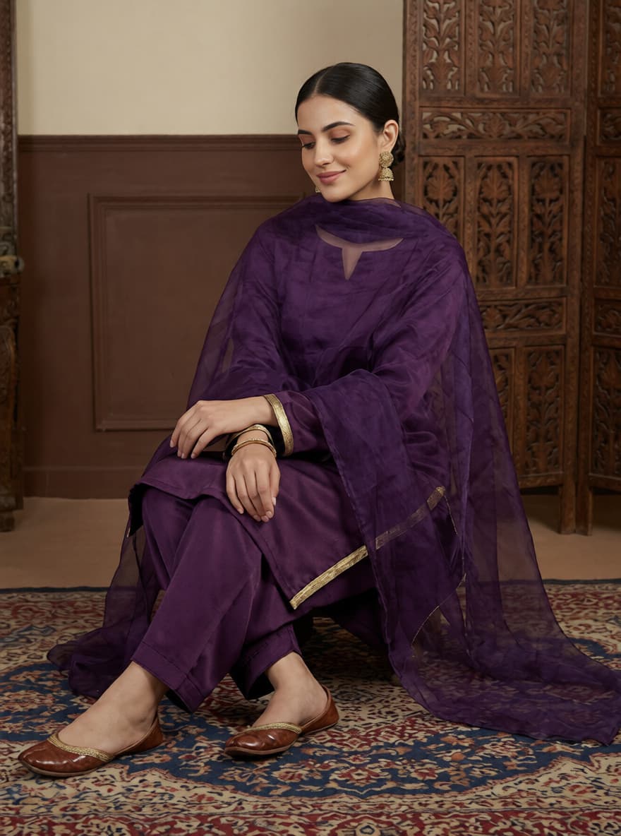 Royal Plum – 3-Piece Stitched Silk Suit with Antique Gold Trim