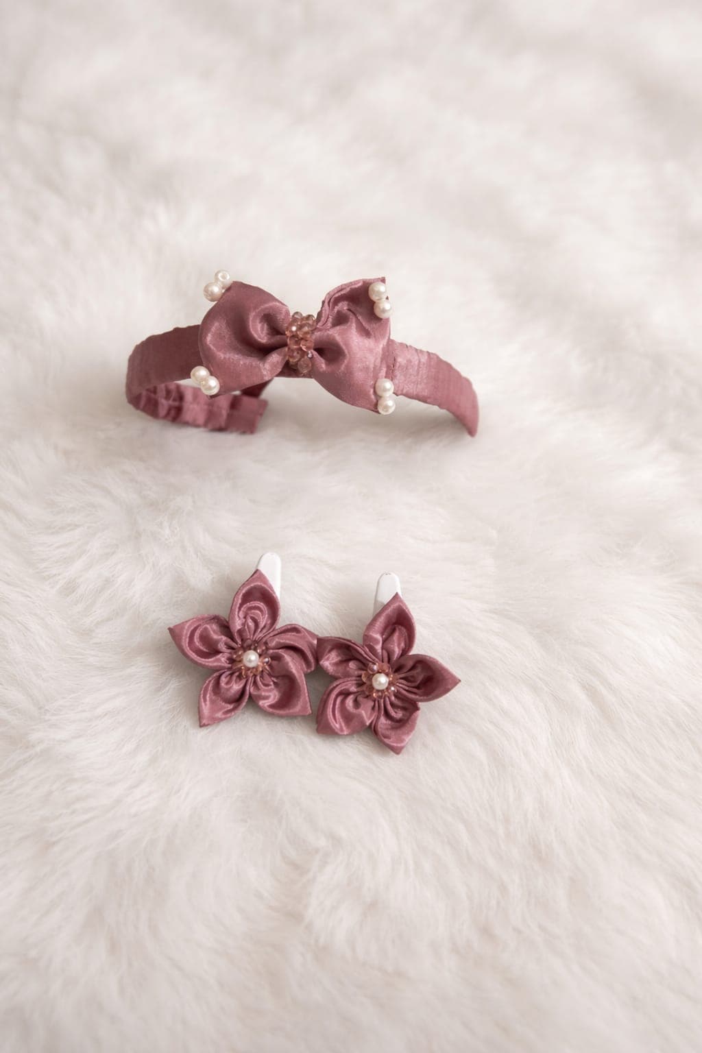Dusty Rose Blossom – 3-Piece Handcrafted Silk Headband & Hair Clip Set