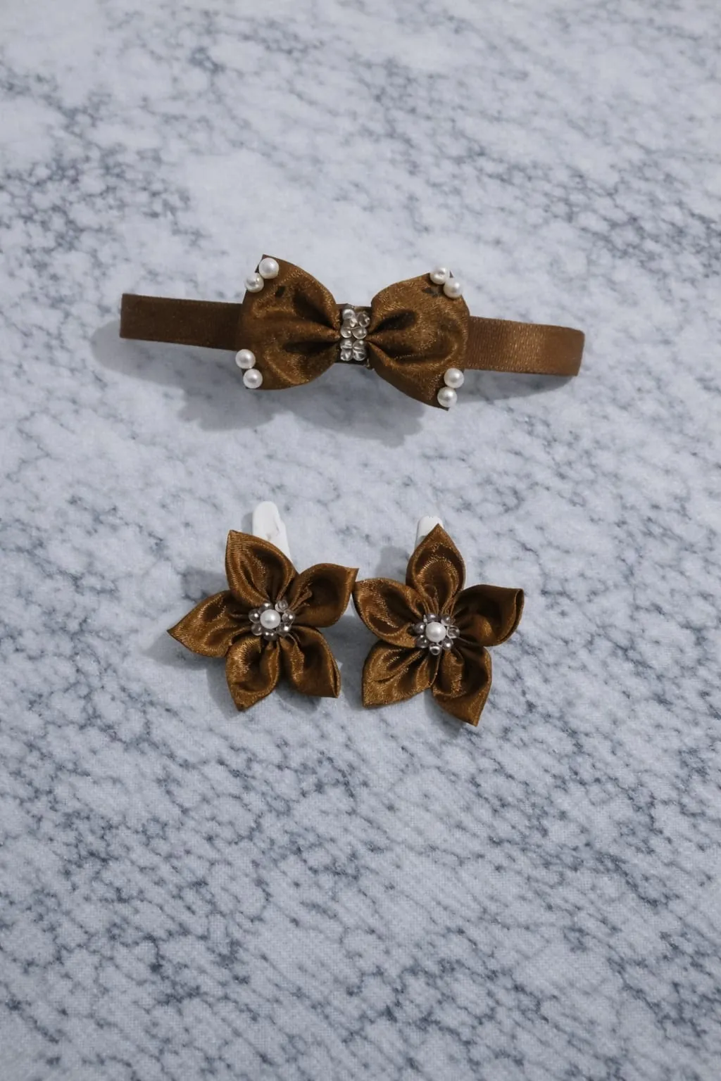 Gilded Bronze – 3-Piece Handcrafted Silk Headband & Floral Clip Set