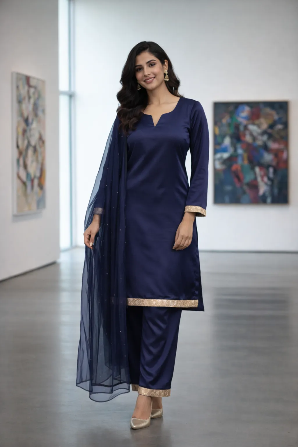 Indigo Radiance – 3-Piece Stitched Silk Suit with Gold Brocade Trim